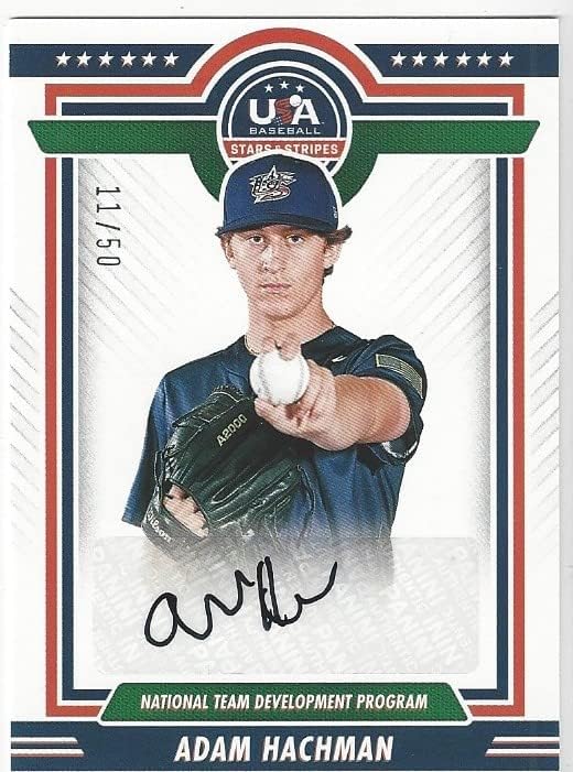 Adam Hachman Autographed & Serial Numbered #11/50 National Team Development Program Collectible Baseball Card - 2022 Panini USA Baseball Stars & Stripes Baseball Card #NTDP-AH (Stripes) Free Shipping