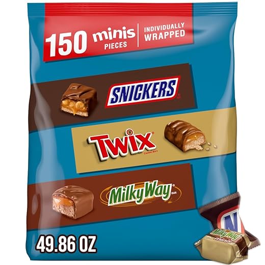 SNICKERS, TWIX & MILKY WAY Minis Assorted Chocolate Candy Variety Pack, Halloween Candy Bag, 150 Ct Bulk Bag