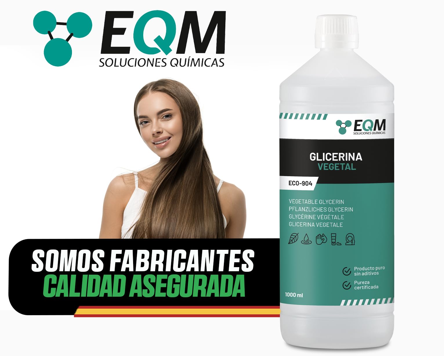 EQM - ECO-904 - Glicerina Vegetal Líquida - 1L - Grado farmacéutico - Hidratante natural cabello y piel - Ideal para jabones, champús, cremas, etc