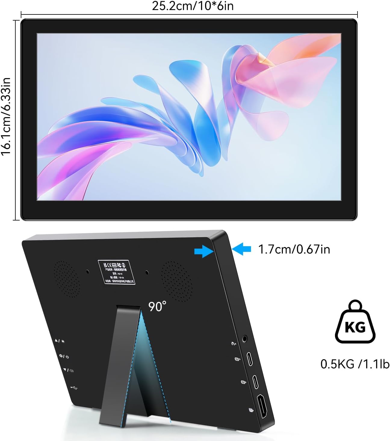 10.1 Inch Touchscreen Portable Monitor IPS Screen 1366x768P 60Hz 400 Brightness 99% sRGB HDMI USB-C Small Monitors for Switch Xbox PS3/4/5 Laptop Raspberry Pi, Mini Touch Screen - Image 8