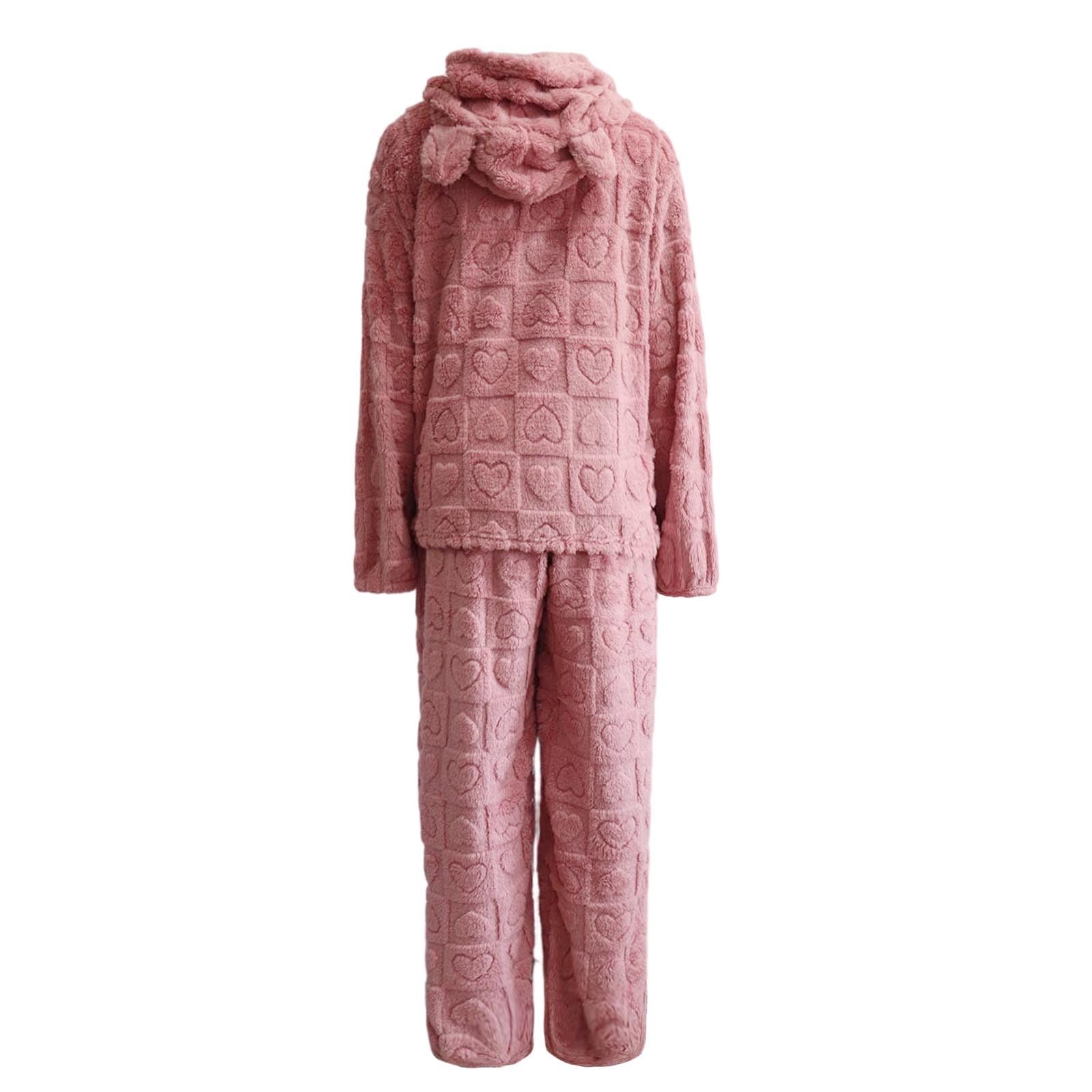Generisch Pijama largo de franela para mujer, con forro polar, térmico, de manga larga, de rizo, de dos piezas, ropa de dormir cómoda con orejas adorables