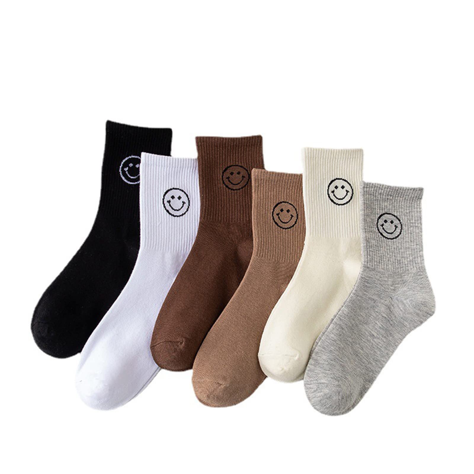 Womens 5 Pairs Cute Smile Face Cotton Mid Crew Socks Set - Funny Novelty Gift