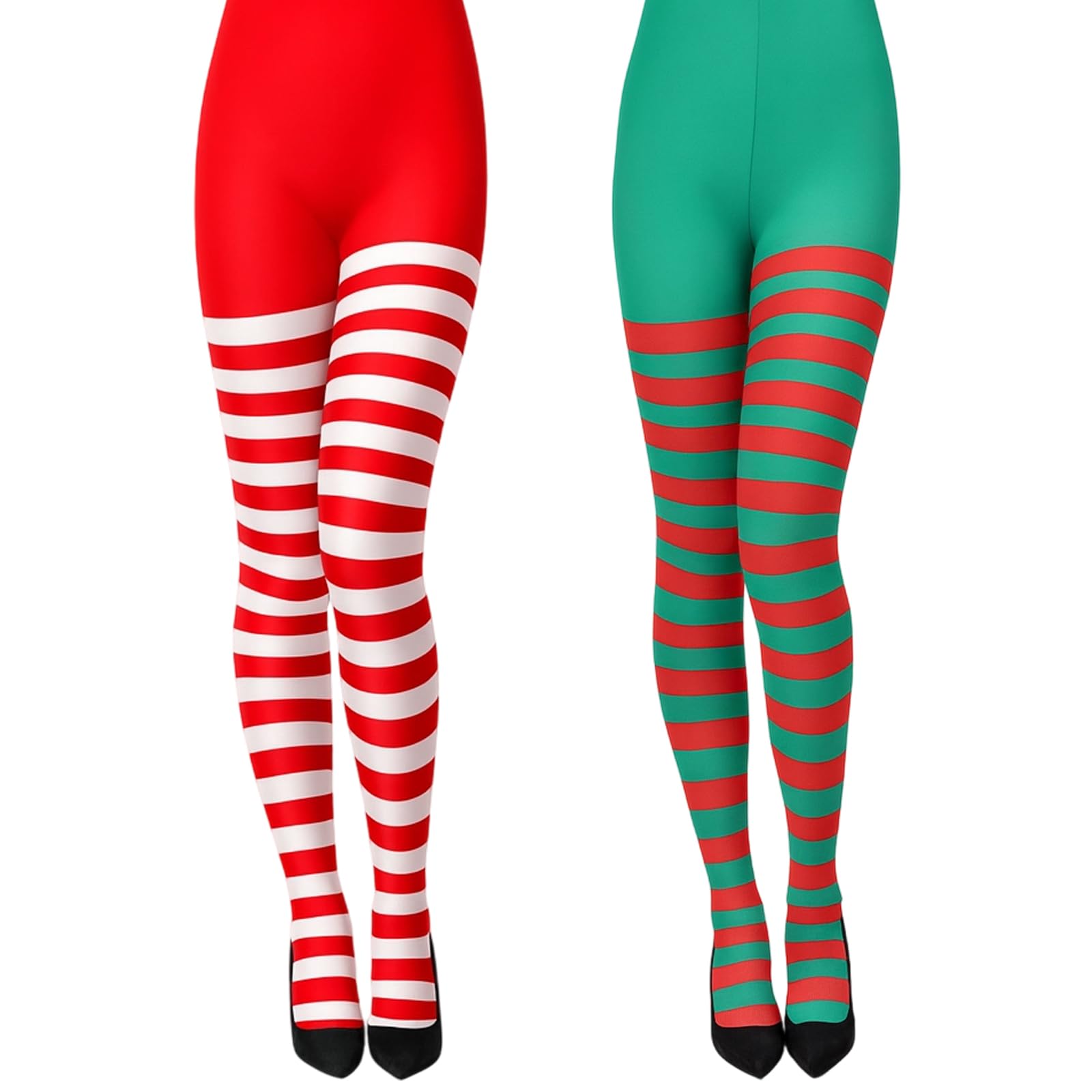 KYEDGC 2 Pairs Striped Tights, Elf Costume Women, Christmas Leggings, Festive Stripy Tights Women, Red White and Red Green Striped Tight for Holiday Parties