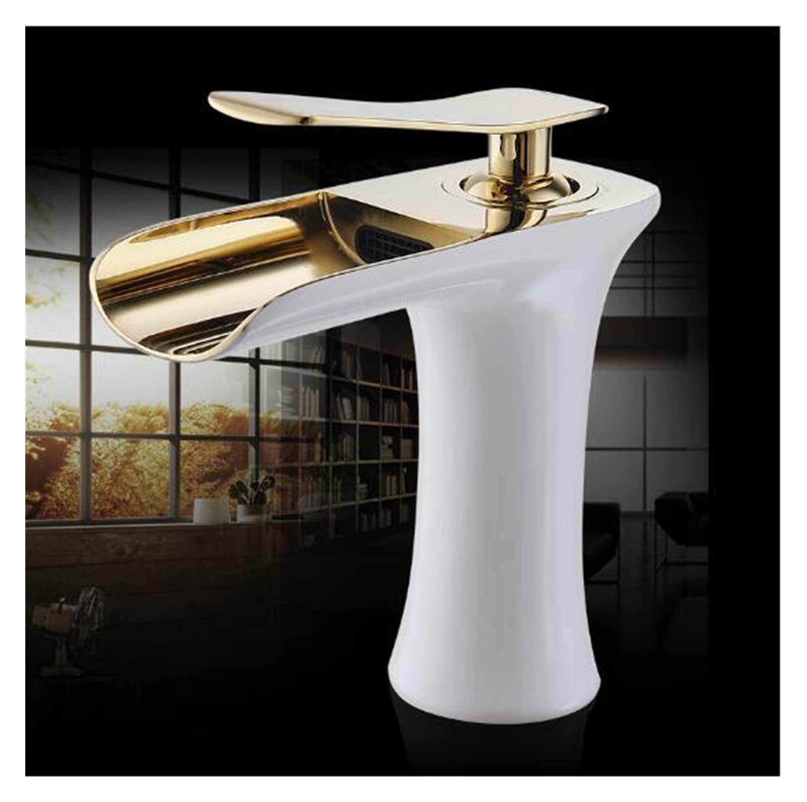 Cudtapi White And Gold Bathroom Faucet Antique Basin Faucets Waterfall Faucet Bathroom Single Handle Mixer Tap Bath Brass Sink Water Crane(White And Gold)