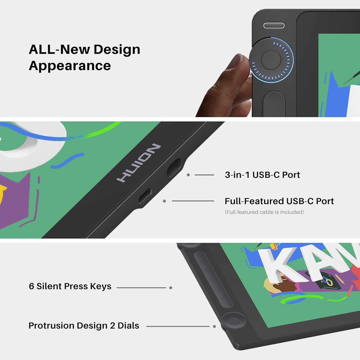 HUION KAMVAS 16 (Gen 3) Tavoletta da disegno con schermo, 15,9 pollici, 2,5 K, QHD, Art Tablet con vetro laminato anti-scintillio completo, 99% sRGB, PenTech 4.0, pressione penna 16384, doppio