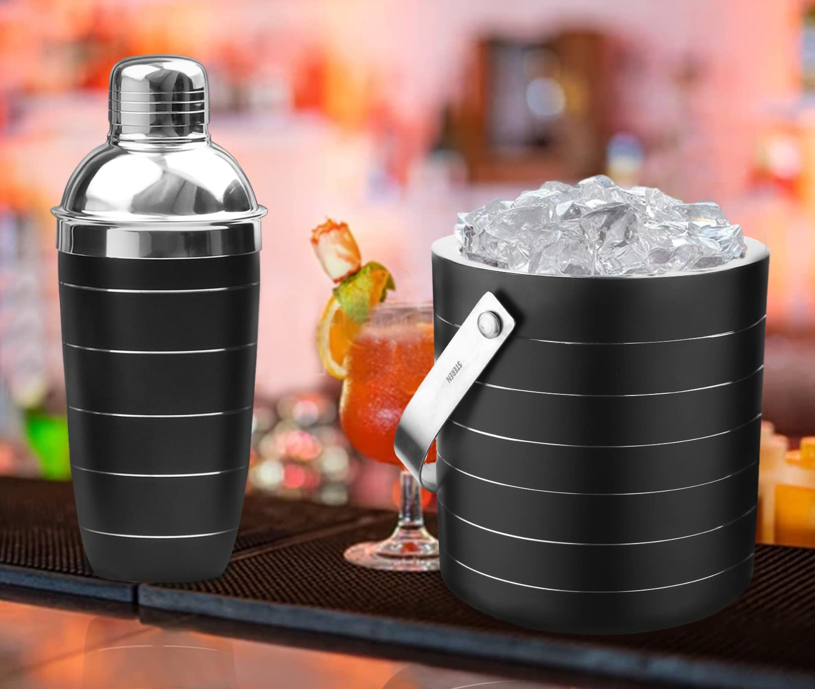 STEREN IMPEX Pack Of 4 Piece Black Ring Bar Set For Drink/Gift, Double Wall - Ice Bucket With Tong, Peg Measurer & Cocktail Shaker 4
