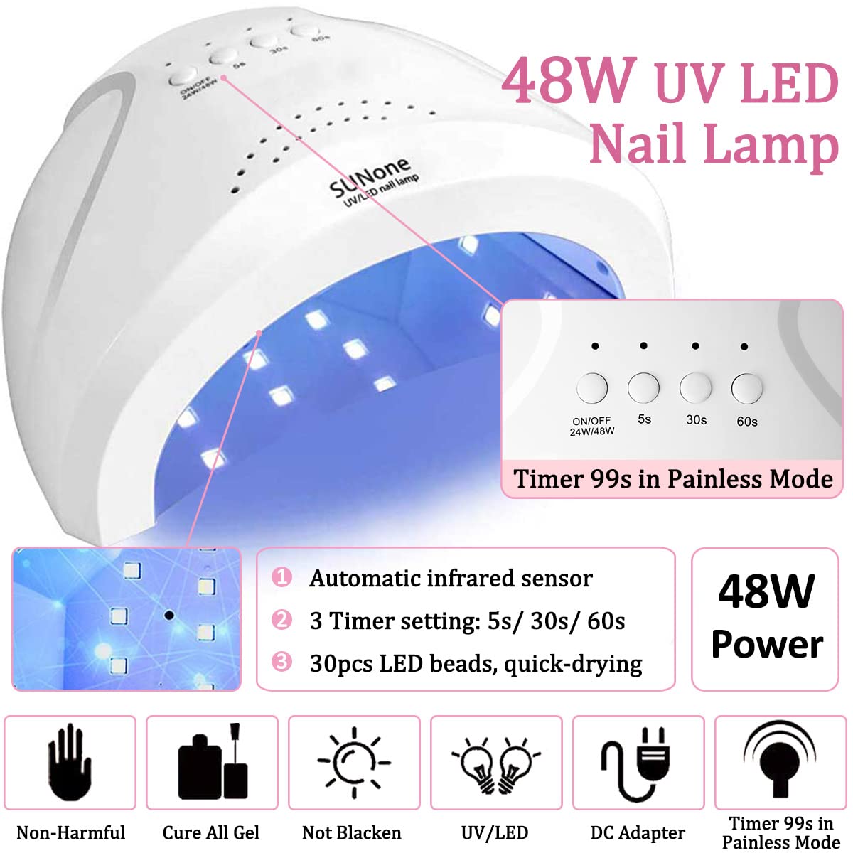 Kit Unghie Gel Lampada UV 48W, 6 Colori Smalto, Base e Top Coat, 15ml, Ricostruzione 100 Unghie Finte e Decorazioni per Estensione