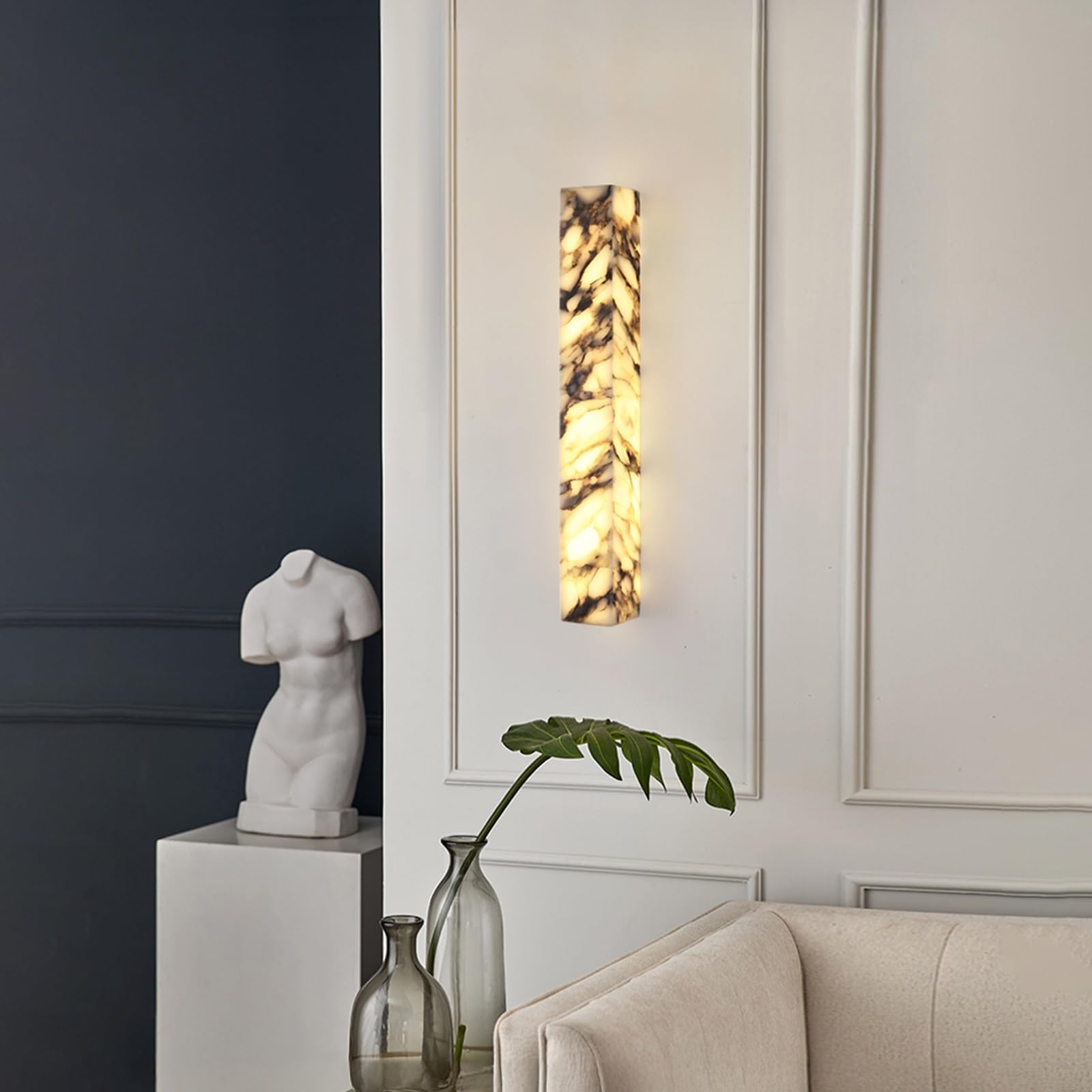 Applique da parete in alabastro da 19,7 pollici, applique rettangolare in marmo naturale, lampada da parete moderna a LED in pietra lunga striscia, luce for montaggio a parete for interni