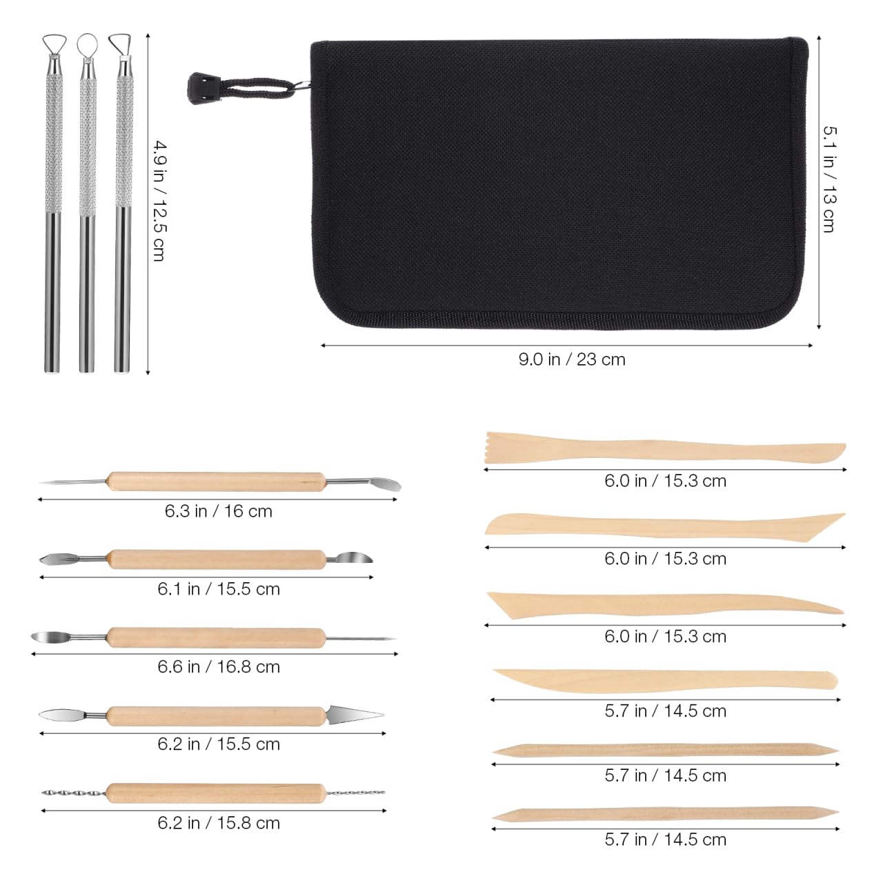 Kit Professionale di Strumenti per Scultura Ceramica 14 Pezzi | Legno Duro e Metallo, Doppia Faccia Impugnatura Facile, Borsa Cerniera Inclusa