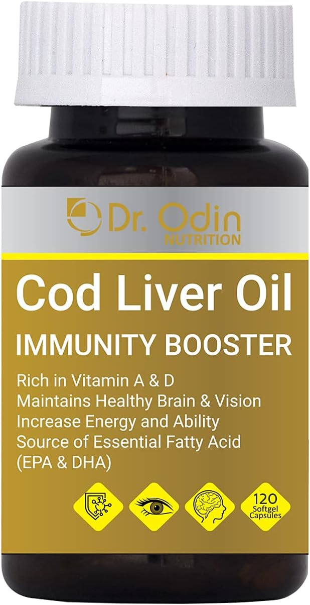 Dr Odin Cod Liver Oil Capsules With Vitamin A, Vitamin D & Promotes Vision, Heart and Brain health -120 Capsules