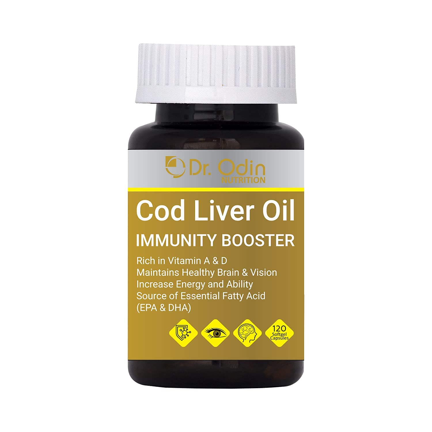 Dr Odin Cod Liver Oil Capsules With Vitamin A, Vitamin D & Promotes Vision, Heart and Brain health -120 Capsules