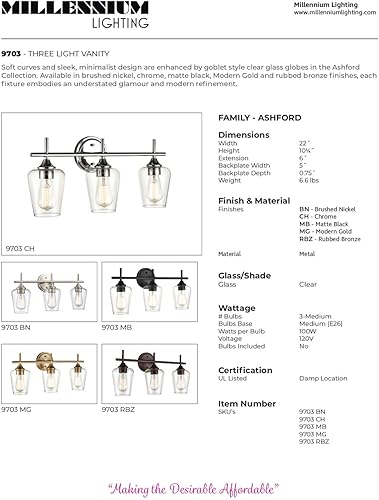 Miniatura 6 de Millennium Lighting Ashford - Lámpara de tocador de 3 luces en níquel cepillado