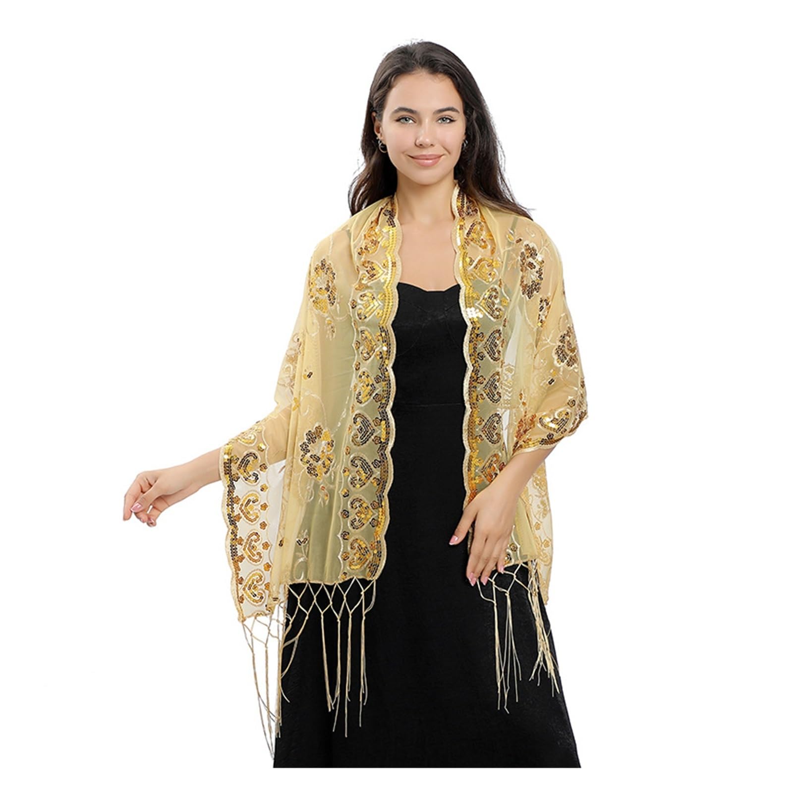 Chal De Noche Chales de lentejuelas con bordados florales for mujer, vestidos de noche, chal for novia, dama de honor, capas de boda, bufanda de hombro(Black Gold)