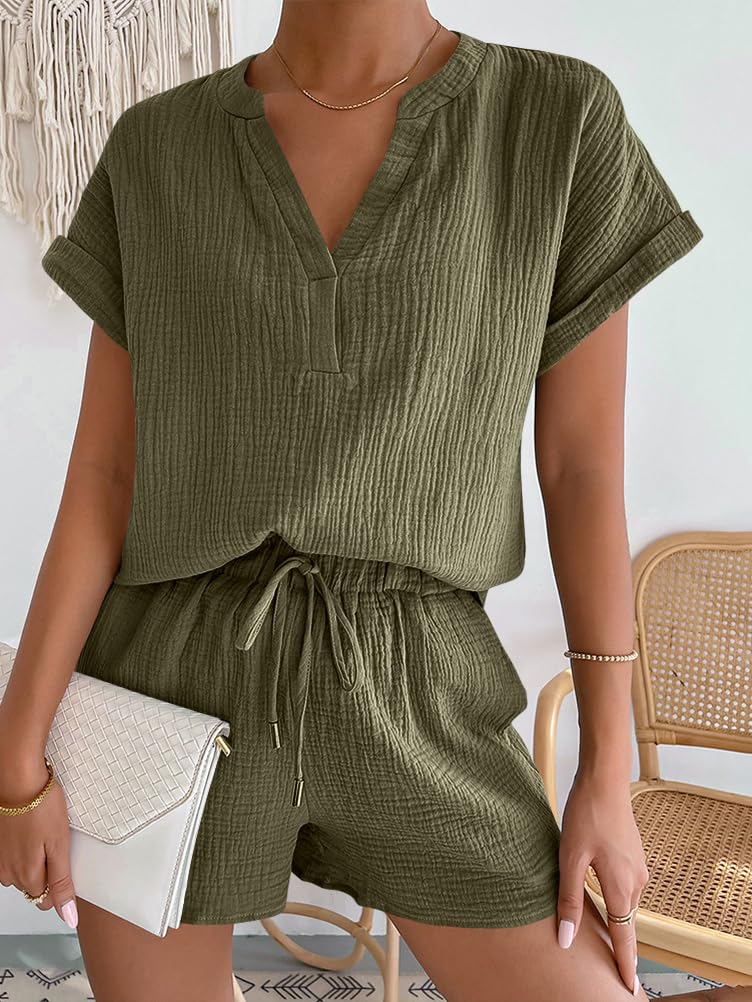 Onsoyours 2 Pièces Ensemble Survêtement Femmes Été Décontractée Couleur Unie Sweatshirt Manche Courte Shorts avec Cordon Poche Lâche Lin Col en V Sportswear Suit pour Vacance Travail Plage