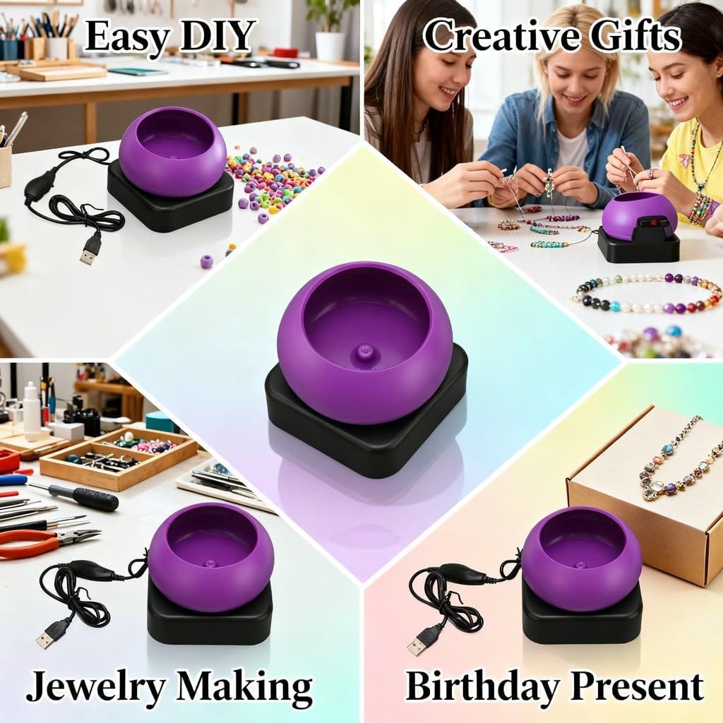 Electric Bead Spinner Bowl, Adjustable Speed & Rotation USB Powered Beading Tool, 11x11x9cm Plastic Jewelry Maker - Ideal for Waist Beads, Bracelets & Necklace Crafting, DIY