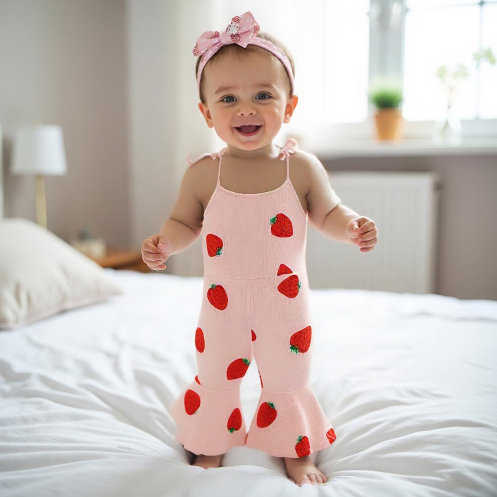 Partclots Toddler Baby Girl Strawberry Flare Jumpsuit Bell Bottom Romper Summer Outfit Kid Girls Spaghetti Straps One-Piece (Pink-Strawberry, 4-5T)