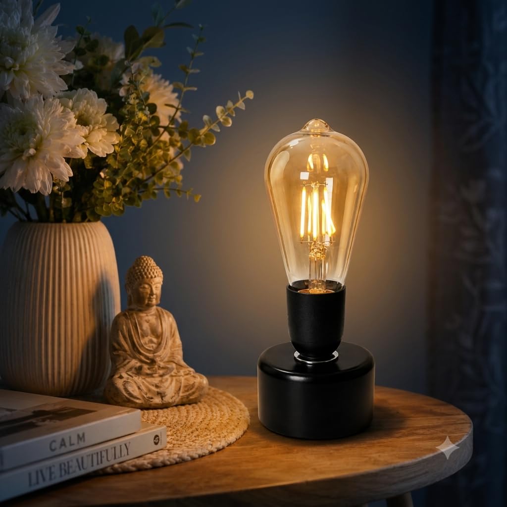MERU TECHNOLOGIES Vintage LED Edison Bulb Table Lamp, Warm Ambient Night Light, Modern Decorative Bedside Lamp for Bedroom, Living Room, Office, Meditation & Home Décor (Vintage)