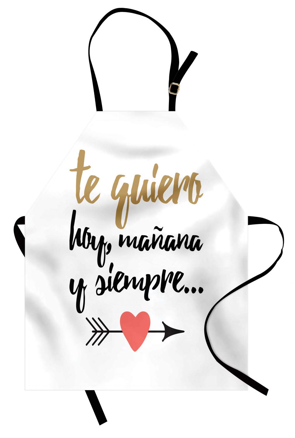 Ambesonne Spanish Apron, Te Quiero Hoy Manana Y Siempre Love Words with Heart on Arrow Valentines, Unisex Kitchen Bib with Adjustable Neck for Cooking Gardening, Adult Size, White and Black