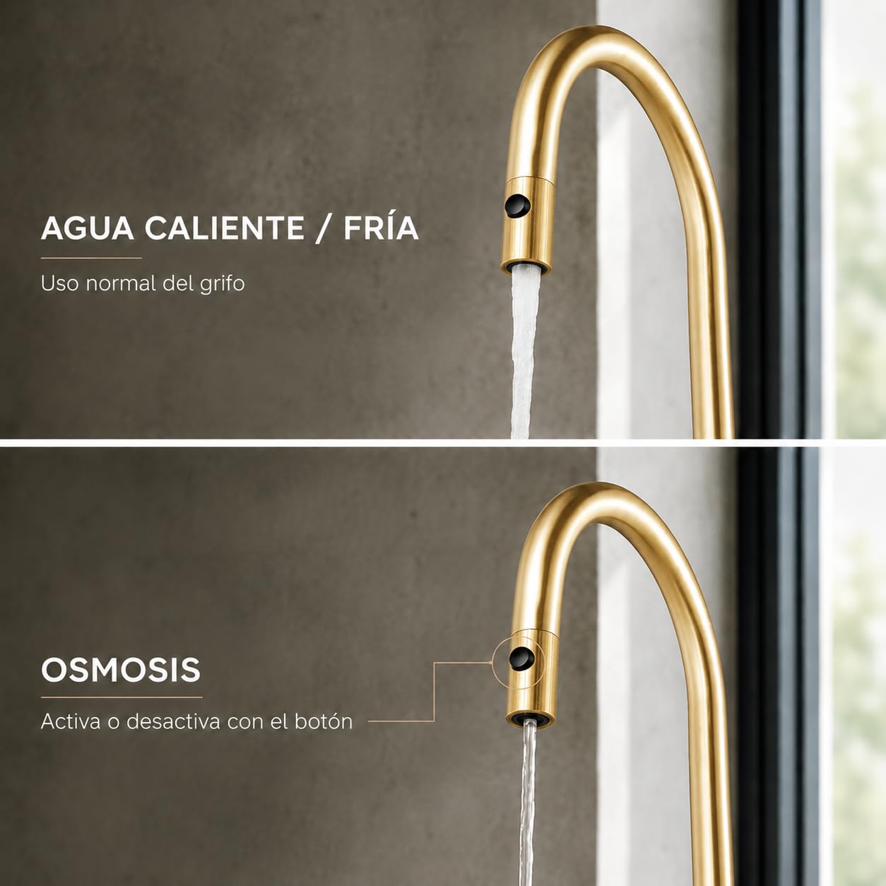 Grifo Cocina Extraíble con Osmosis | Grifo Fregadero Cocina Monomando con Agua Filtrada y Giro 360° | Grifería Cocina IMEX Lazio (Oro cepillado)