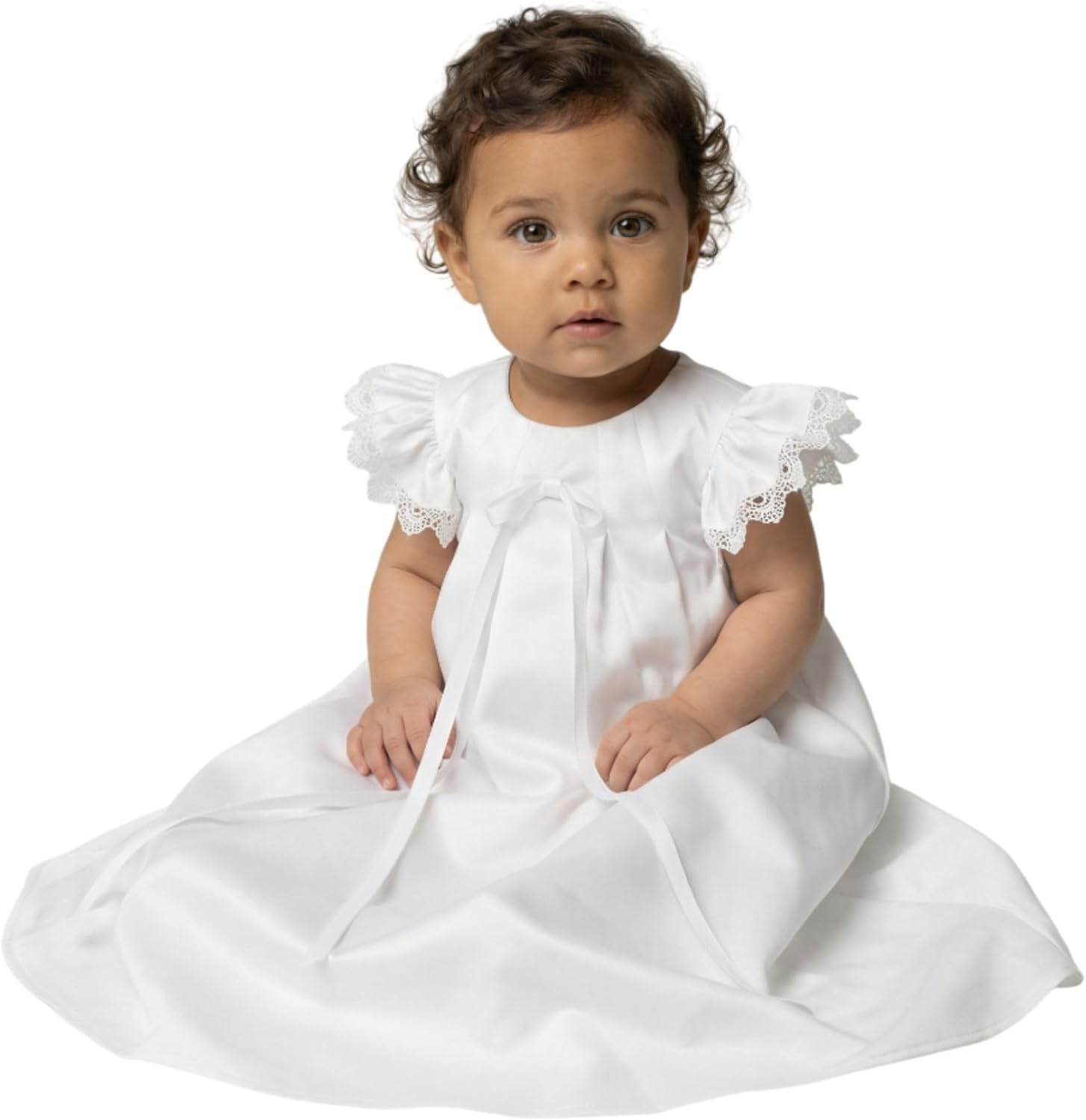 Baby Girls White Satin Christening Dress Lace Trim Flutter Sleeve Baptism Gown