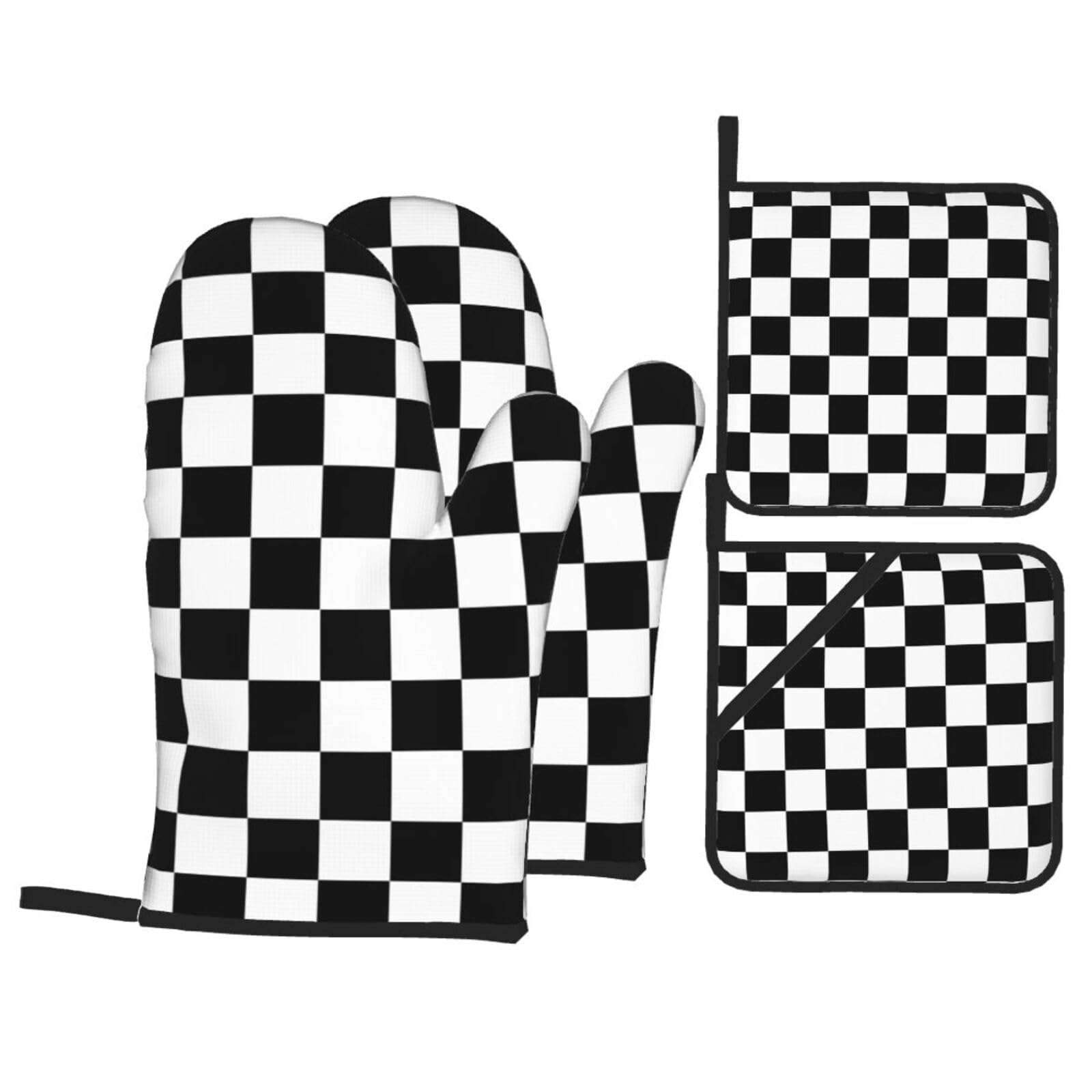 Juego de 4 manoplas de horno y agarraderas con estampado a cuadros en blanco y negro, juego de 4 guantes de horno y agarradera adecuados para barbacoas, hornear, cocinar en microondas