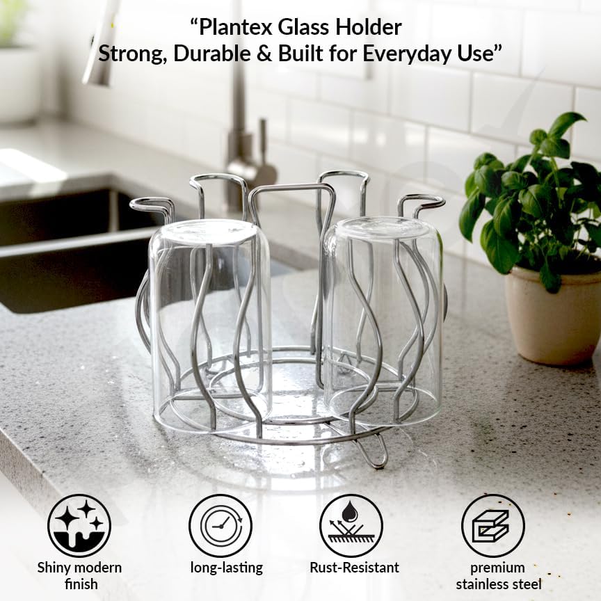 Image of Stainless Steel Glass Holder Stand for Kitchen Counter, Water Tumbler Organizer Rack, Drinking Cup Storage, Rust Resistant Glass Drying Stand, Modern Countertop Kitchen Organizer
