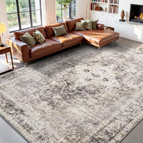 YOH Boho Washable Rug 8x10, Charcoal Gray Vintage Non Slip Area Rug, Distressed Indoor Carpet for Living Room Bedroom Kitchen Office