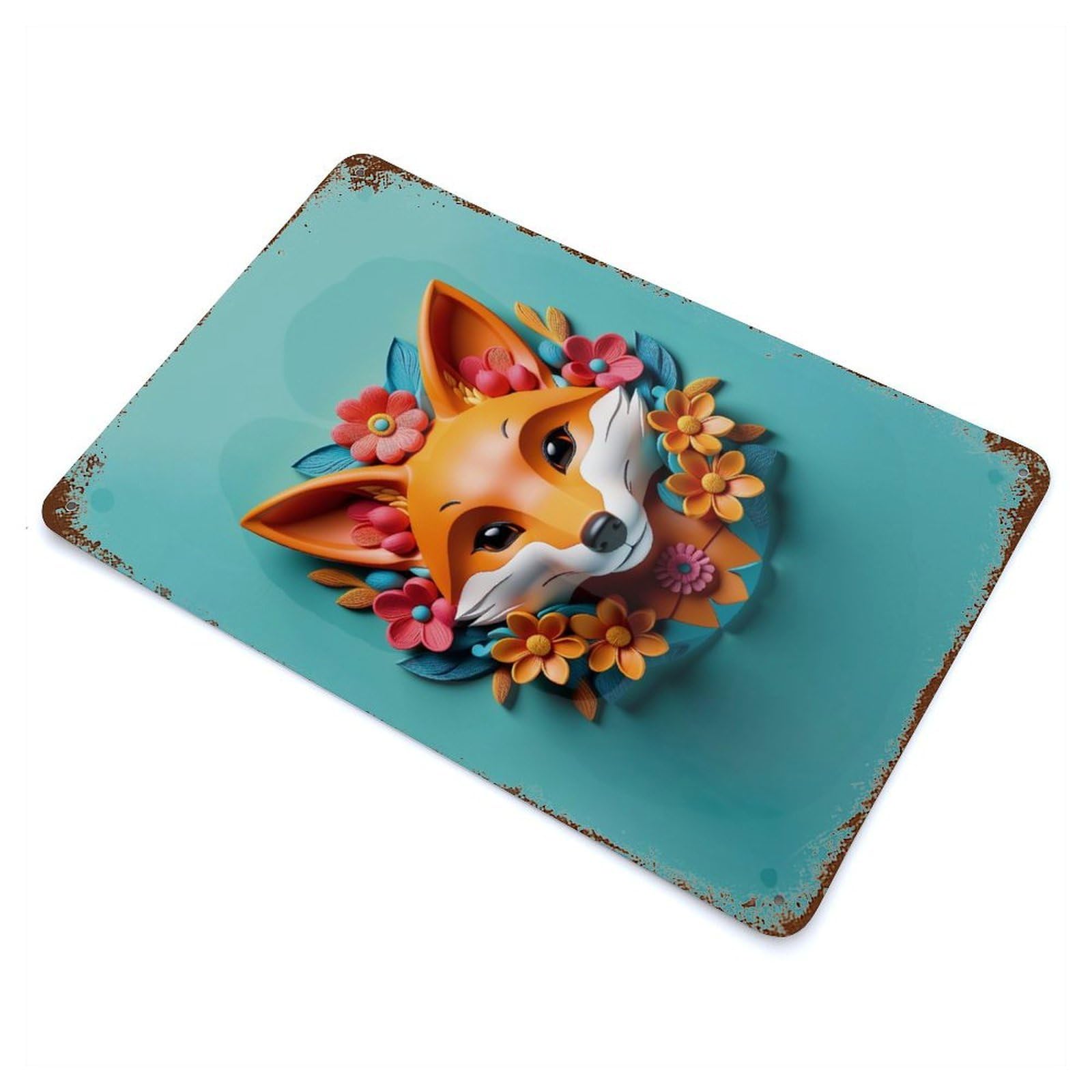 3D Fox Floral Art Decorative Tin Sign 11.8"x7.9", Ideal for Basement, Hobby Room And Garage Decor