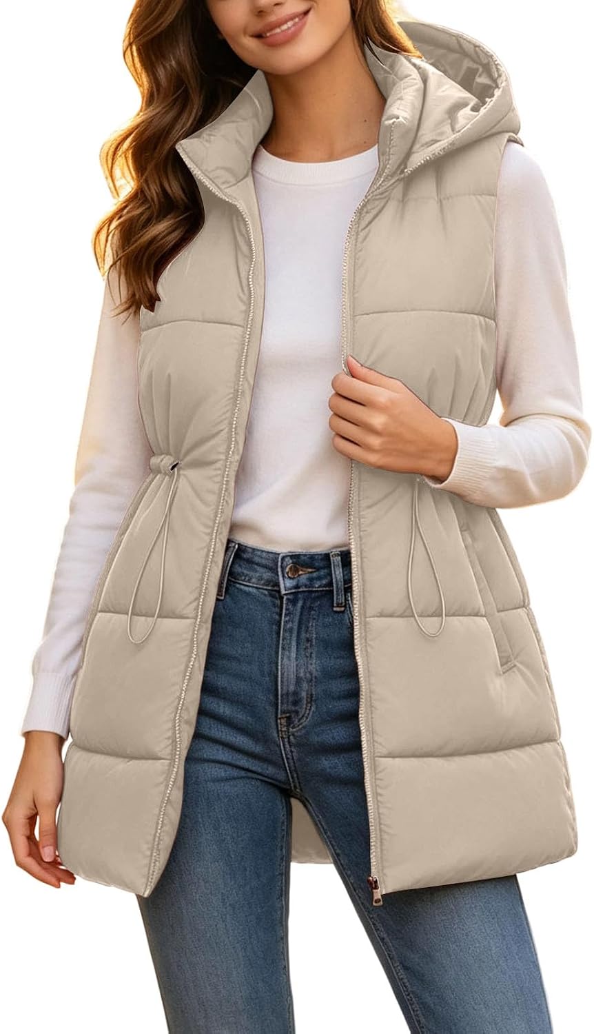 Women's Puffer Vest Zip Up Quilted Padded Winter Hooded Vest