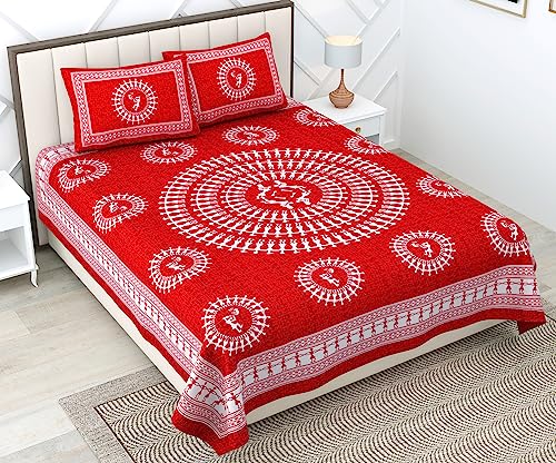 Image of RajasthaniKart Pure 100% Cotton Double Bed Sheet with 2 Pillow Covers (Bedsheet for Double Bed Cton, Red, 5275)
