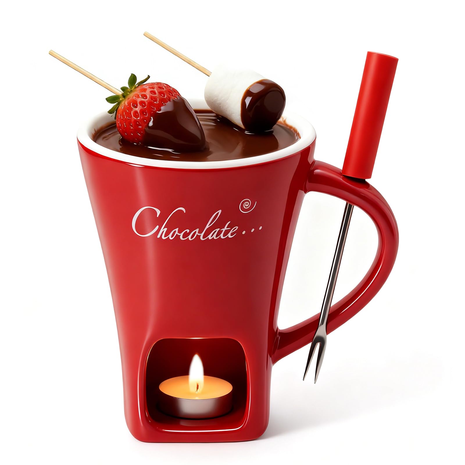 Chocolate Fondue Mug with Fork Set | Ceramic Chocolate Melting Cup | Personal Mini Cheese & Chocolate Melting Pot | Romantic Date Night Birthday Wedding Gift (White) — view 7