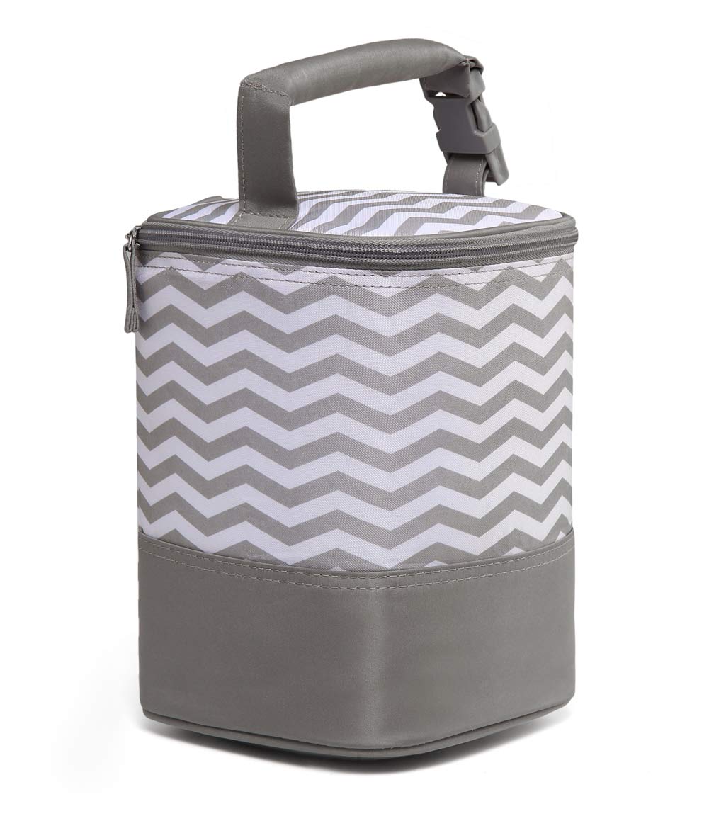 LCY Baby Bottle Cooler Bag Insulated Breastmilk Cooler Bag with Hanging Strap Fits 4 Baby Bottles-Grey & White Waves