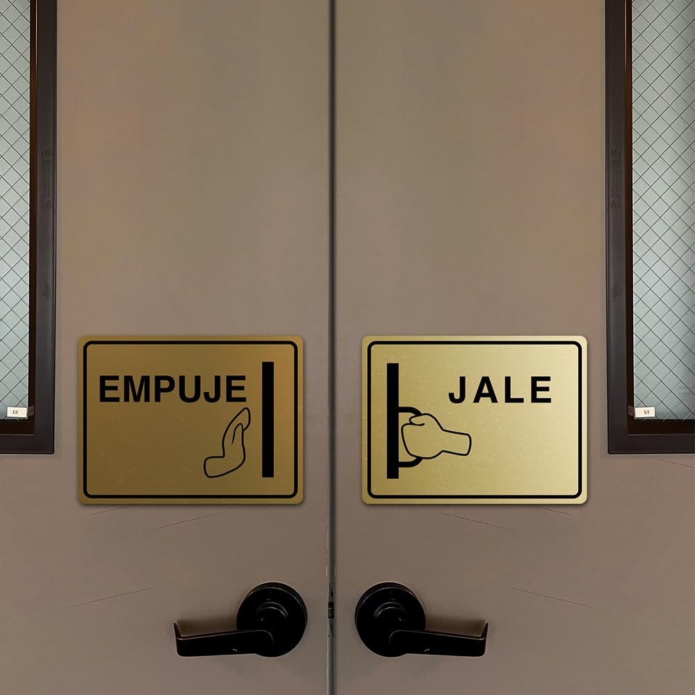 Signs ByLITA Classic Horizontal Empuje Jale Self-Adhesive Door Sign for Businesses, Shops, Restaurants | 1 Set (2 Pieces) Sign (Brushed Silver) - Medium