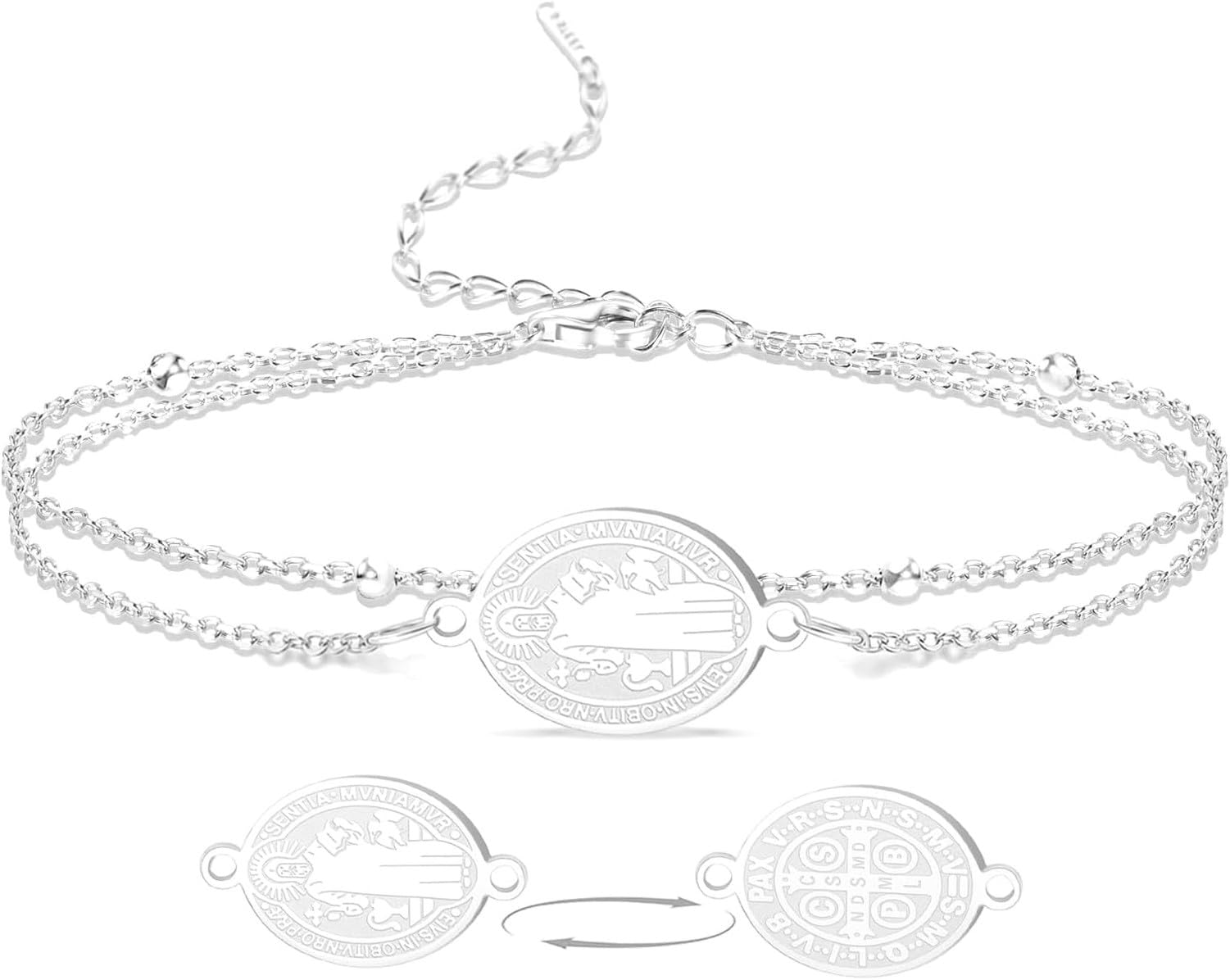 Wuufake Saint Benedict Medal Bracelet Adjustable String Catholic Rosary Exorcism Protection Christian Religious Jewelry Gifts for Women Men, Silver2