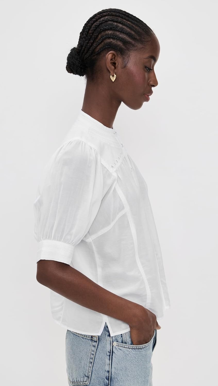 Madewell Women's Embroidered Puff-Sleeve Band-Collar Shirt - Image 5