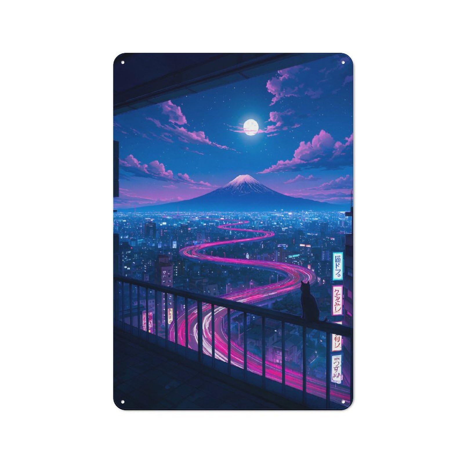 Junmoney Style-14 Night Cityscape With Mount Fuji Rustic Tin Wall Plaque 30X20cm For Hobby Room Or Studio, A New Home Present For Creative Interior Collectors