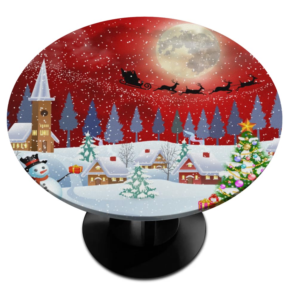 Fitted Round Tablecloth with Elastic Edge Christmas Snowflake Snowman Circle Table Cover Stain Wrinkle Resistant Washable 45-50 Inch Tablecloth for Kitchen Outdoor Party Picnic Decor