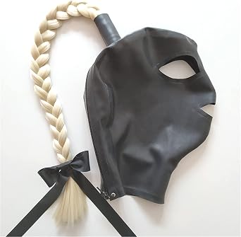 Black Latex Hood with Blond Ponytail Pigtail Wig Back Zipper Rubber Mask Cosplay Party Wear