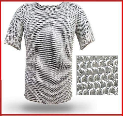 NauticalMart Large Aluminium Chainmail BUTTED Chain Mail Shirt Haubergeon Medieval Armor Knee Length