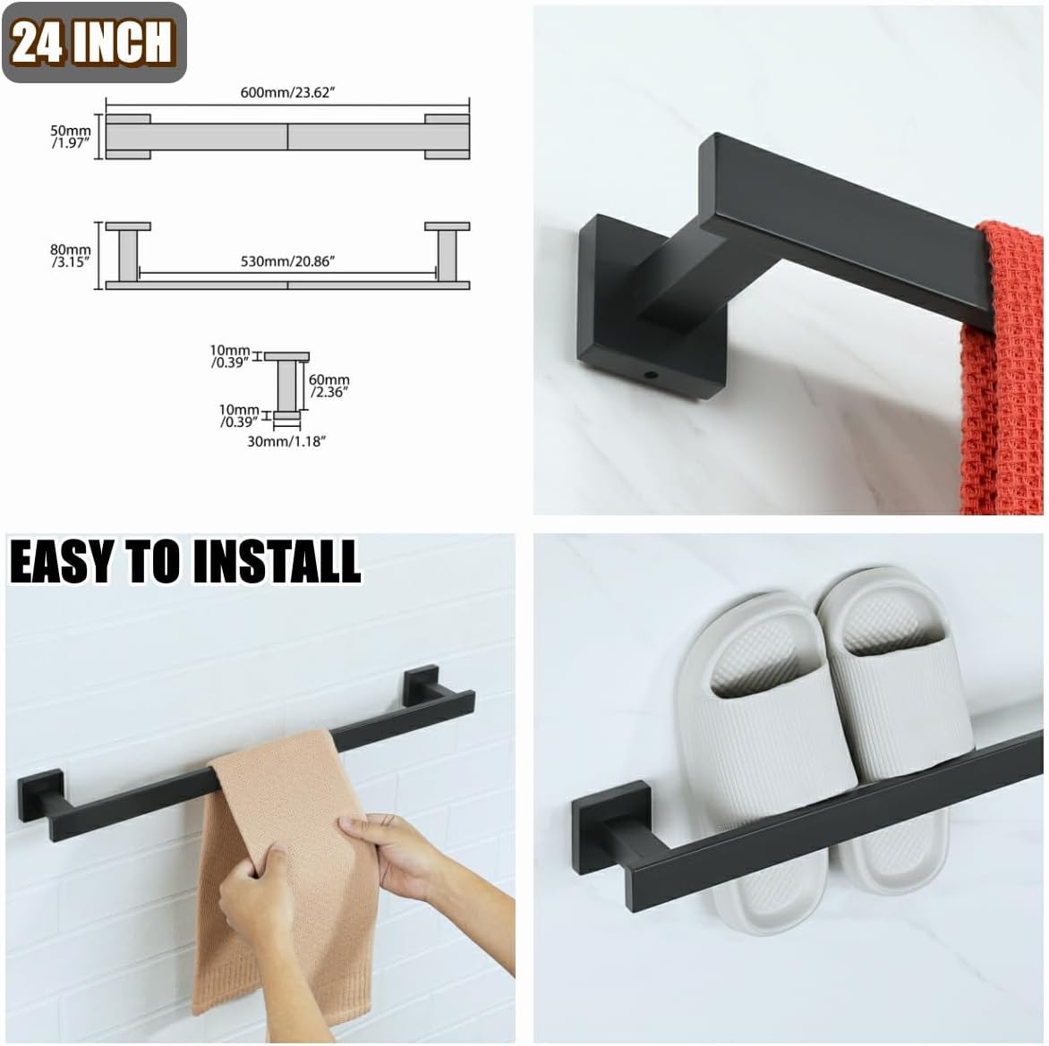 Alise Bath Towel Bars,24 Inch Towel Holder Towel Racks for Bathroom and Lavatory,SUS304 Stainless Steel Hand Towel Hanger Rail Wall Mount,Matte Black,GDL5600F-B