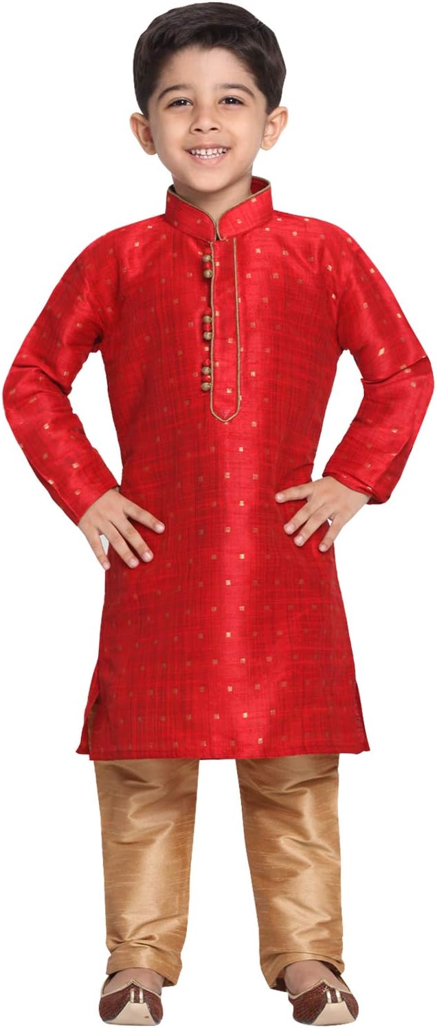 JBN CreationBoys' Traditional Maroon & Rose Gold Silk Blend Kurta Pyjama Set for Weddings & Rakhi Festivals