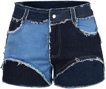 THUNDER STAR Womens Mid Rise Stretchy Patchwork Jeans Shorts Raw Frayed Hem Casual Denim Shorts