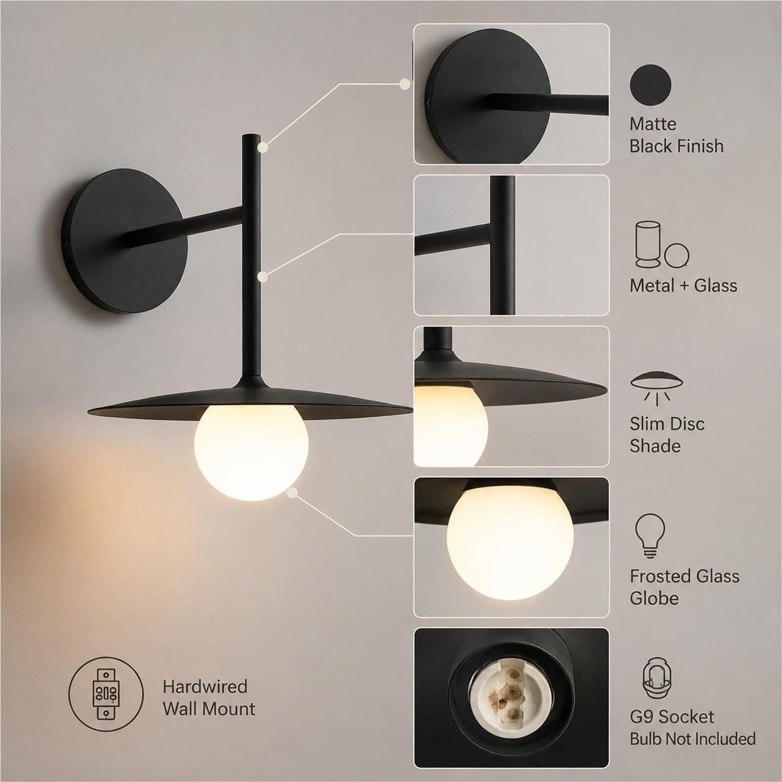 Lampada Muro Disco Metallo Industriale Vetro Smerigliato