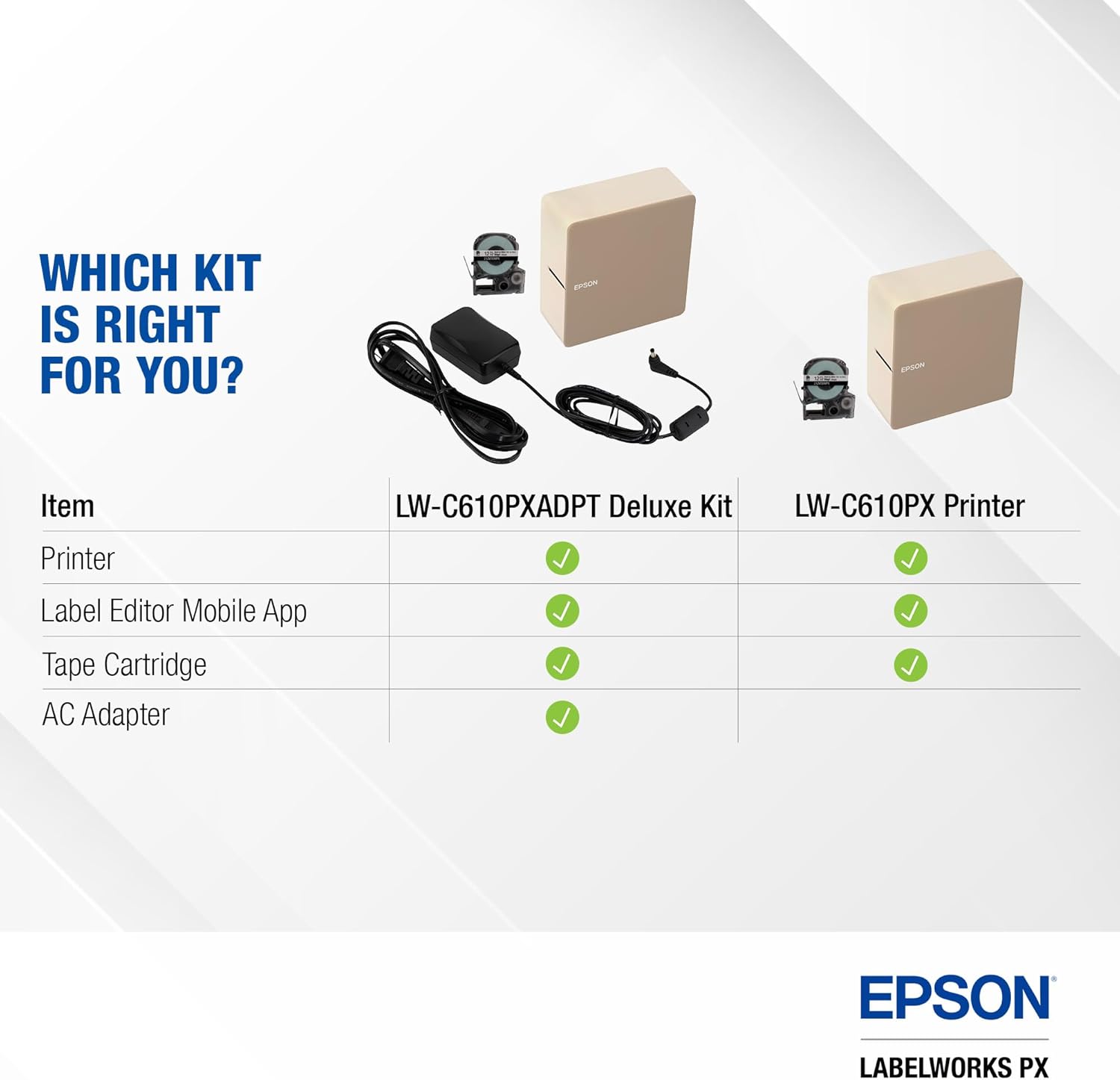 LABELWORKS Epson LW-C610PX Power Bundle – LW-C610PX Label Maker and AST1116 AC Adapter Power Cord