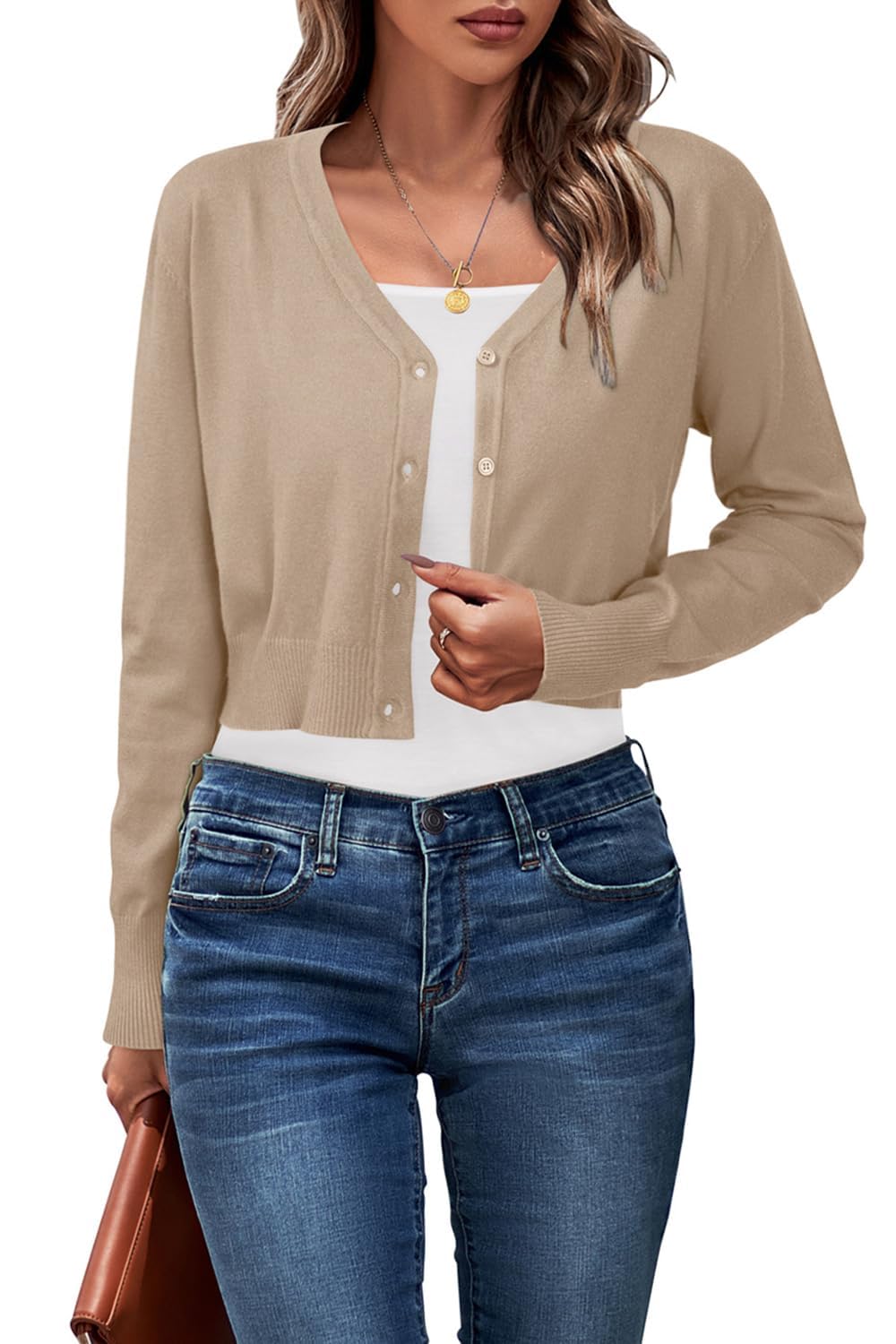 Newshows Damen Strickjacke Sommer Kurz Leichte Kurze Strickjacken V Ausschnitt Strick Bolero Shrug Khaki,XXL