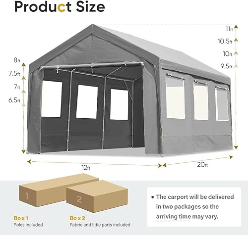 Miniatura 5 de ADVANCE OUTDOOR Cochera ajustable resistente de 12 x 20 pies con 6 ventanas ventiladas enrollables y paredes laterales extraíbles, toldo para