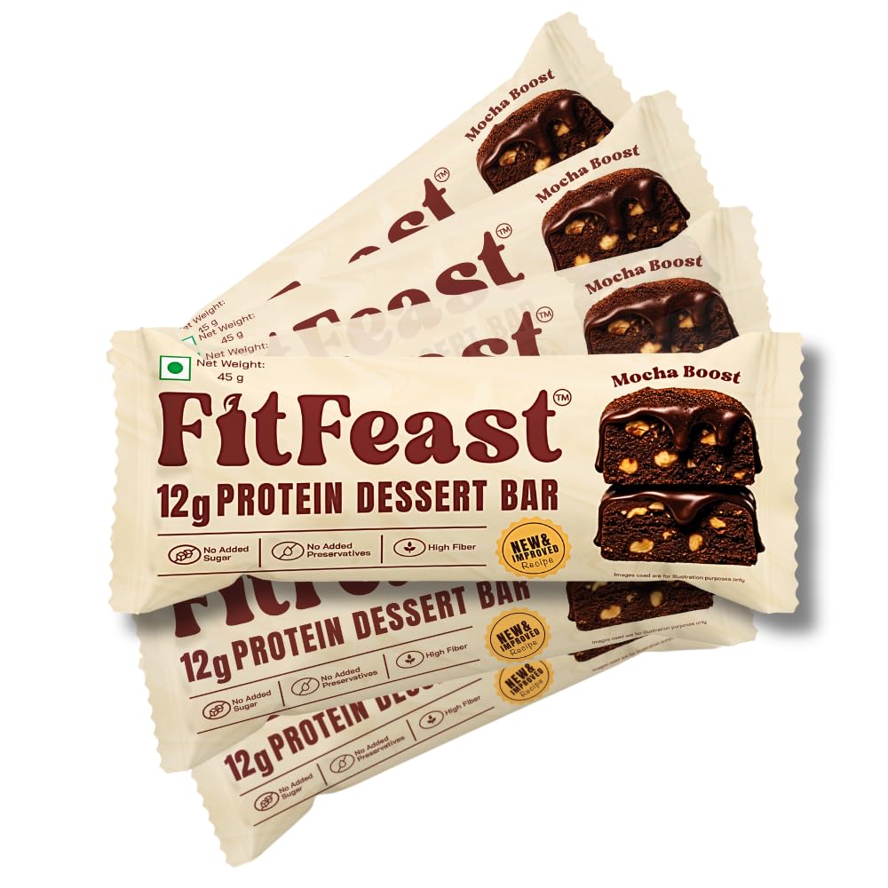 [BRSRACTYCAMBGCIU] FitFeast Mocha Boost Dessert Protein Bar, Pack of 6 | 12g Protein per Serve | Blended of Chocolate and Coffee Falvour | Zero Added Sugar & No Artificial Preservatives | No Cholestrol and No Trans Fats | As Seen on Shark Tank