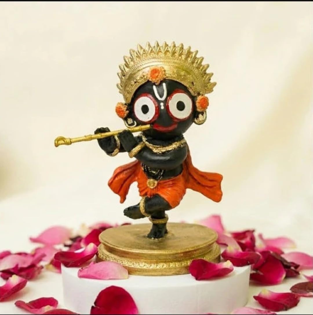 Bal Jagannath Idol for Home Temple | 12 cm Black Resin Lord Jagannath Murti with Golden Crown & Orange Dress | Bal Jagannath Playing Flute Statue for Pooja Room, Home Decor, Car Dashboard & Gifting-image-35