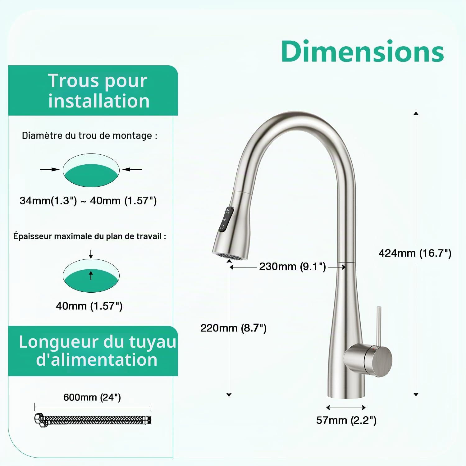 CREA Robinet de cuisine avec douchette extensible, Robinet de cuisine avec 3 types de jet d'eau, Mitigeur monocommande haute pression avec douchette, Pivotant à 360° en acier inoxydable, Brossé