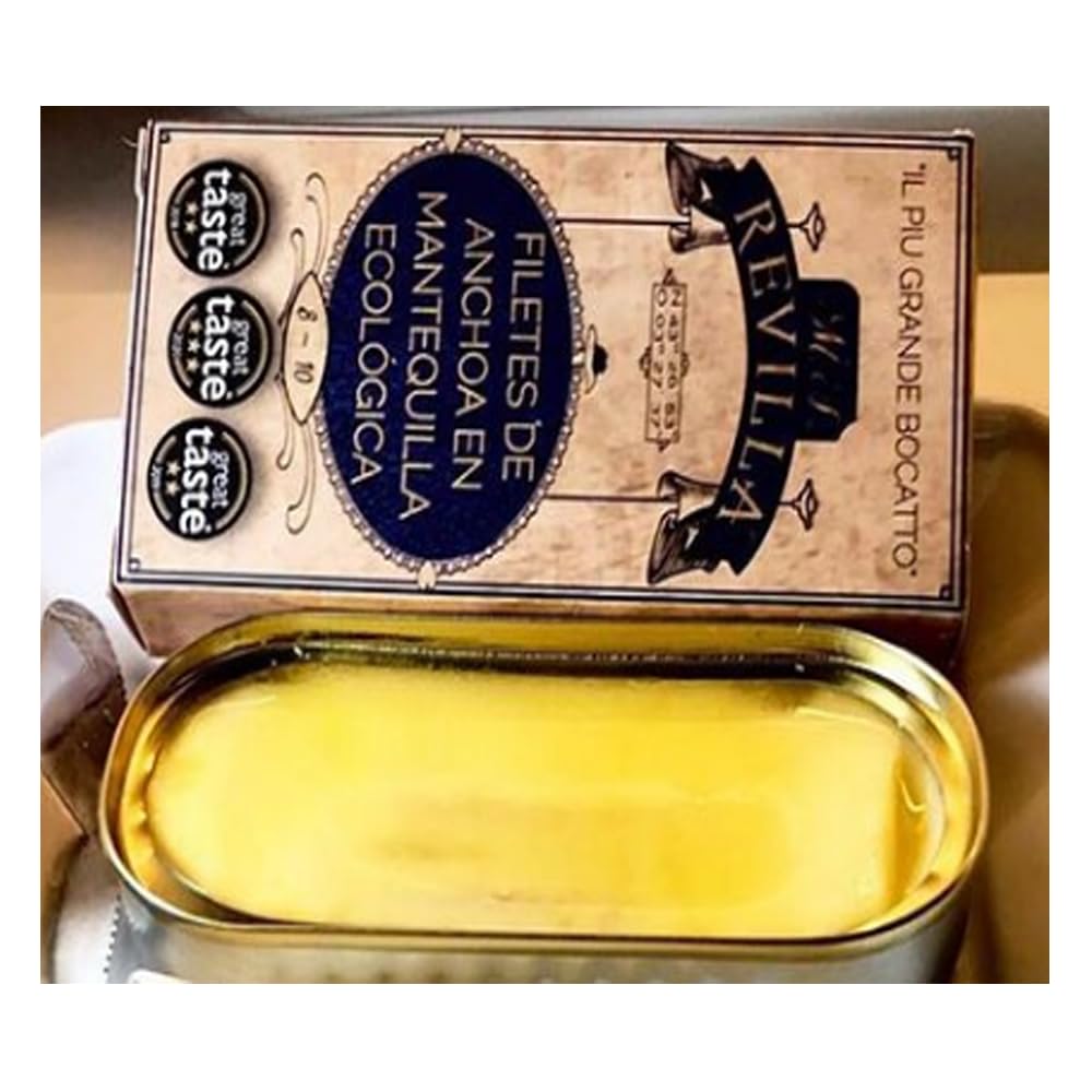 Anchoas Revilla® Anchoas de Santoña en Mantequilla Ecológica I Pack 5 Octavillas (50gr./8-10 lomos) (250gr./40-50 lomos) Anchoas del Cantábrico Gourmet I Conservas y Salazones Gourmet.